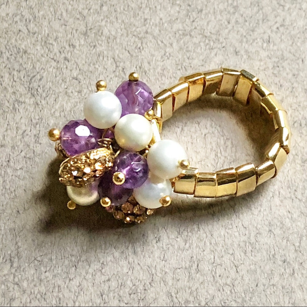 Unique Gold Dangle Ring With Amethyst Charms - image 3